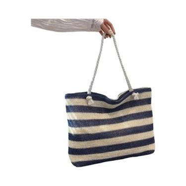 Imagem de Bolsa de Ombro de Palha Grande para Praia - Verão - Estilo Casual, Azu