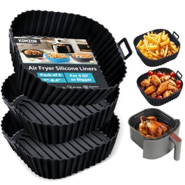 Imagem de Komzon Forros de silicone para fritadeira a ar reutilizáveis, 3 peças, forros de airfryer, forros de cesta de silicone para fritadeira a ar quadrados, acessórios de airfryer de grau alimentício 4-7 QT