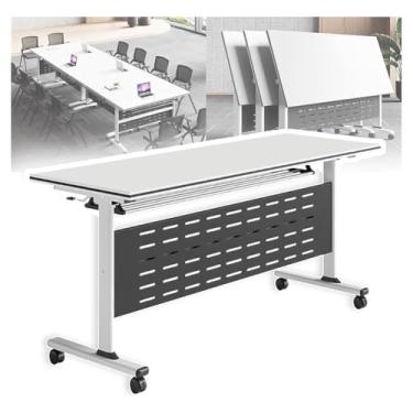 Imagem de SPXMQSS Mesa de conferência dobrável com design flip-top, mesa de reunião, pernas e rodas de metal resistente, mesa modular dobrável portátil para reuniões de escritório, salas de treinamento, 120 x