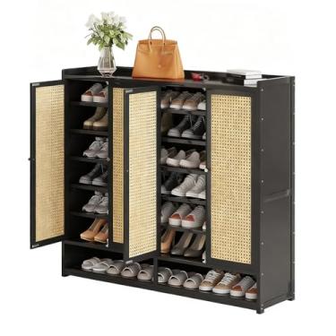 Imagem de SPXMQSS Armário de sapatos com portas, armário de armazenamento de sapatos grande de 7/8 níveis para entrada de bambu, sapateira independente para corredor, sala de estar, quarto, armário preto 120 x