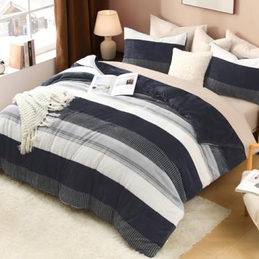 Imagem de Litanika Jogo de cama king size de lã fofa, luxuoso, macio, felpudo, preto e azul, listrado para todas as estações (1 edredom, 2 fronhas)