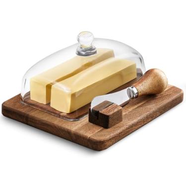 Imagem de DAQJIOO Manteigueira Grande De Vidro E Bambu Com Faca, Para Bancada, Tampa Grossa Selada, Manteigueiras Da Costa Oeste/Leste, Decoração Presentes Cozinha, Lavável Na Máquina Lavar Louça
