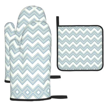 Imagem de Conjunto de cozinha essencial de 3 peças com listras triangulares, luvas e aderência para tampa, proteção para churrasco no forno, design de armazenamento suspenso.