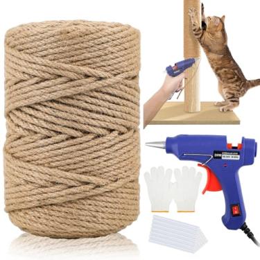 Imagem de Kit de corda de sisal de 79,9 m para arranhadores de gatos, corda grossa de 6 mm para arranhar gatos, barbante de cânhamo DIY com pistola de cola quente e 30 bastões de cola