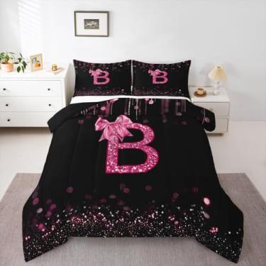 Imagem de jejeloiu Conjunto de edredom com laço preto e rosa, tamanho solteiro, monograma, para crianças, meninos, meninas, com inicial B, edredom com laço e glitter, microfibra, 2 peças com 1 fronha