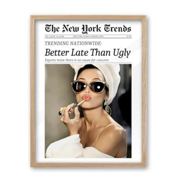 Imagem de iHery Arte de parede emoldurada moderna de madeira de carvalho natural Hepburn Newspaper 30,5 x 40,6 cm Better Late Than Ugly Vintage Headline Canvas Art, Retro Bathroom Decor Art, Conjunto de 1