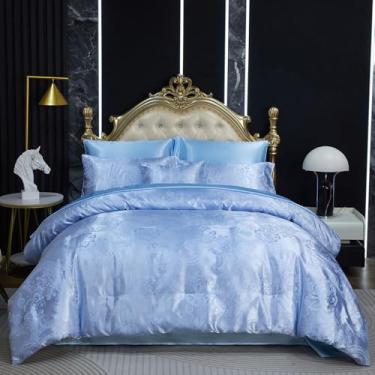 Imagem de Jogo de cama queen de jacquard elegante, de cetim, azul, 8 peças, bordado, floral, neoclássico, decoração de casa, edredom macio, cama sedosa de hotel de luxo em uma bolsa com 1 capa de almofada