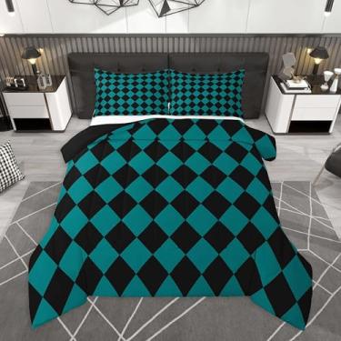 Imagem de Feelyou Conjunto de cama xadrez de diamante, macio, para meninos e meninas, tamanho casal, clássico, xadrez, verde, preto, edredom de microfibra, 3 peças com 2 fronhas