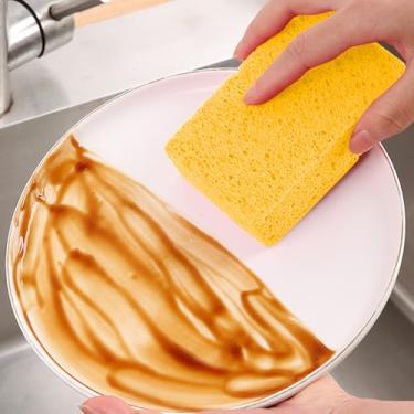 Imagem de Esponja de cozinha de limpeza comprimida de 6 peças, esponja de prato reutilizável estilo celulose expansível, esfregão antiarranhões para panelas, banheiro, bege