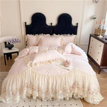 Imagem de XLCZMYL Jogo de cama de casamento princesa estilo renda flores bordadas 4 peças lençol com elástico / saia de cama fronhas, rosa, saia de cama 1,5 x 2 m, 4 peças
