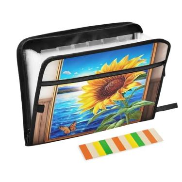 Imagem de Wassud Pasta organizadora de arquivos de papel A4 de girassol com etiquetas e pasta de arquivo expansível com 13 bolsos