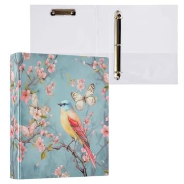 Imagem de Wassud Pasta de anel de pássaro em flor de cerejeira com clipe organizador de 3 anéis com fichário decorativo de bolso transparente A4 suporte de documentos para escritório, casa, pacote com 2