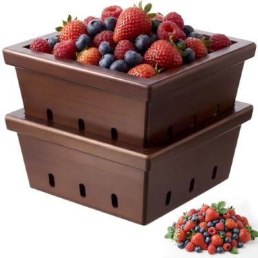Imagem de LemonRoad 2 peças de cesta de bambu para frutas vermelhas de 14 cm com furos, conjunto de escorredor de frutas para cozinha, pão, legumes, produtos, armazenamento doméstico e exibição de cor nogueira