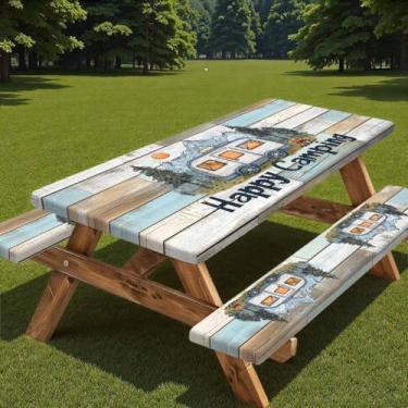 Imagem de Capa de mesa de piquenique e banco de madeira, capa de mesa de acampamento com bolsa de cordão, toalha de mesa elástica à prova d'água à prova de vento ao ar livre, conjunto de 3 peças de mesas e