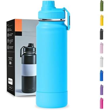 Imagem de Garrafa Térmica 1000ML - Duplamente Isolada a Vácuo, Aço Inox 304, Capa Protetora da Base de Silicone, Mantém Bebidas Gelada 24 horas e Quente 12 horas (Azul Piscina Slin)