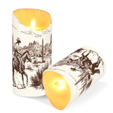 Imagem de ATTX Pacote com 2 velas de caubói do deserto ocidental – Velas de pilar LED de 7,6 cm x 15 cm com controle remoto e temporizador para casa, casamento, decoração de acampamento #75