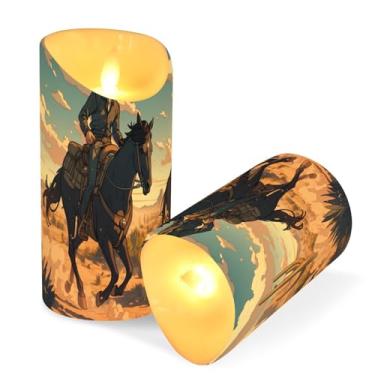 Imagem de ATTX Pacote com 2 velas de caubói do deserto ocidental – Velas de pilar LED de 7,6 cm x 15 cm com controle remoto e temporizador para casa, casamento, decoração de acampamento #66