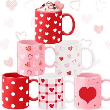 Imagem de Sliner Conjunto de 6 canecas de café para dia dos namorados, 325 ml, canecas com alça, copos de cerâmica rosa vermelha e branca para presente do dia de Galentine