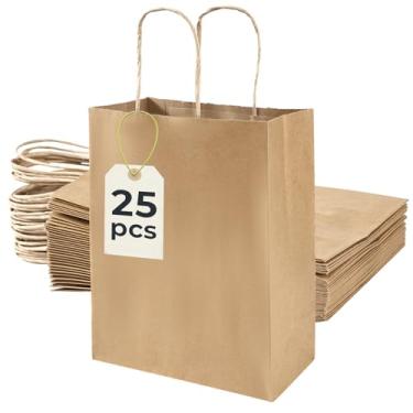 Imagem de YOGINGO 25 sacos de presente de papel kraft com alças, 27 x 21 x 11 cm, sacos de presente marrons para lembrancinhas de festa, varejo, compras, mercearia, casamento e mercadorias para pequenas