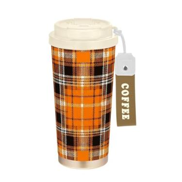 Imagem de TSENQUE Caneca de café de viagem de 473 ml com tampa de canudo e filp, copo de café de aço inoxidável isolado a vácuo à prova de vazamento, clássico preto xadrez laranja branco
