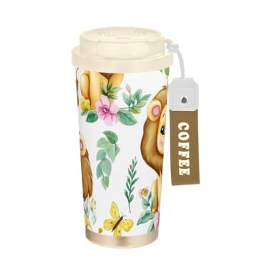 Imagem de Linda flor de coroas de leões, caneca de viagem de café 40 ml com canudo e tampa, canecas de café de parede dupla isoladas a vácuo com revestimento cerâmico para escritório, escola, festa, acampamento