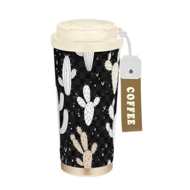 Imagem de TSENQUE Caneca de café de viagem de 473 ml, copo de café com revestimento cerâmico com canudo e tampa de filme, copo isolado a vácuo de aço inoxidável, cactos brancos bege xadrez preto