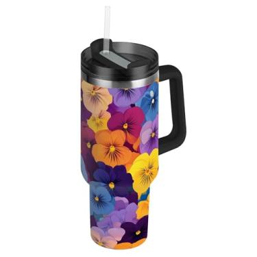 Imagem de Joisal Copos com tampa e canudo branco amarelo azul roxo flores 850.5 g copo com alça garrafas de água isoladas adultos carros copo de café bebida quente