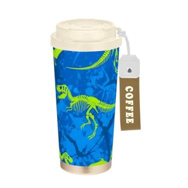 Imagem de TSENQUE Copo de café de viagem de 473 ml com revestimento cerâmico, copo de café de aço inoxidável com tampa e canudo, copo isolado a vácuo, estampa legal de esqueletos de dinossauro