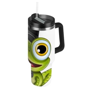 Imagem de Joisal Copo de 850 g com alça copos de aço inoxidável com tampas e canudos Garrafas de água femininas carros isolados caneca de café bebida quente sapo fofo cavalheiro verde