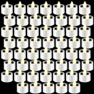Imagem de Kittmip 54 peças de luzes solares de chá ao ar livre, à prova d'água, recarregáveis, do crepúsculo ao amanhecer, pequenas velas votivas solares sem chama, velas de LED reutilizáveis para lanternas