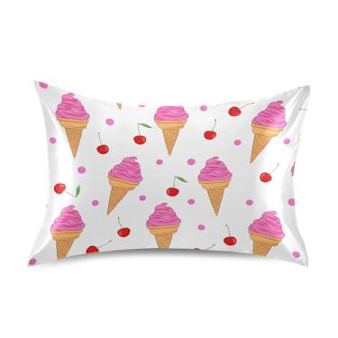 Imagem de Fronhas de cetim branco gelado cerejas rosa impressão refrescante roupa de cama extra macia personalizada padrão queen king size travesseiros tamanho padrão 66 cm x 50 cm