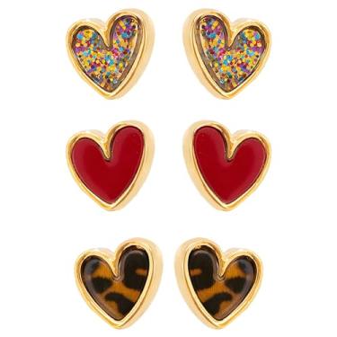 Imagem de WCRAZYE 3 pares de brincos de coração para mulheres, ouro 18k, moderno, estampa de leopardo, vermelho, coração, coração, presente de Dia dos Namorados, Medium, Liga de aço, Sem pedra preciosa