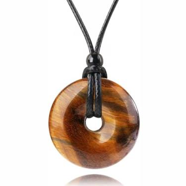 Imagem de FANASY Colar com pingente de pedra preciosa natural moeda da sorte colar de cristal proteção donut pingente com corda ajustável para homens e mulheres, 12.99-26.77 inch, Pedra, Obsidiana preta