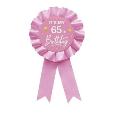 Imagem de Broche de crachá de folha de flandres rosa It's My 65th Birthday Tecido de cetim rosa 65 anos com tema de aniversário de 65 anos de idade, decoração de festa distintivo de fita de prêmio YHEZXUN