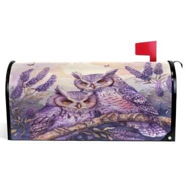 Imagem de TSENQUE Capas de caixa de correio magnéticas decorativas de vinil para caixa de correio envoltórios de inverno lavanda corujas animais à prova de intempéries decoração de caixa de correio de férias