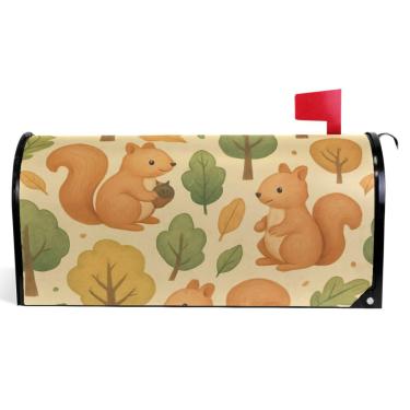 Imagem de TSENQUE Capas de caixa de correio magnéticas sazonais esquilos fofos bege vinil caixa de correio envoltório verão caixa de correio moderna decoração de jardim tamanho padrão 52,6 x 45,8 cm