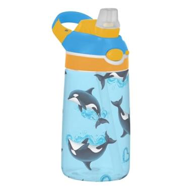 Imagem de Garrafa de água infantil azul claro Cute Dolphins para escola, 473 ml Tritan 473 ml garrafa de água esportiva com canudo, copos de viagem portáteis para crianças, reutilizáveis, alça de transporte