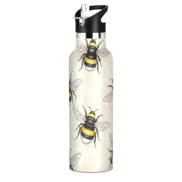 Imagem de Joisal Garrafas de água isoladas para meninas de 590 ml com tampa de palha, estampa de abelhas vívidas garrafa de água escolar de aço inoxidável bege floral com alça, copos infantis à prova de