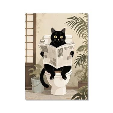 Imagem de Arte de parede em tela de gato preto engraçado na banheira gato fofo lavar suas patas lendo pôster de jornal banheiro estampas animais decoração de parede de banheiro (SKU2, 20,3 x 30,5 cm = (20 x 30