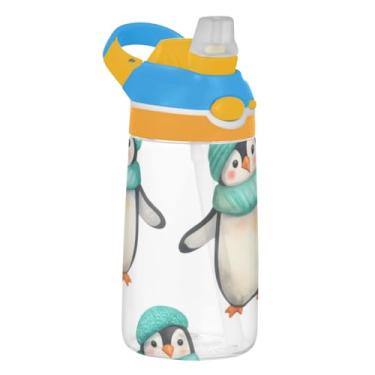 Imagem de Cute Penguins Garrafa de água infantil branca de inverno azul-petróleo para escola, 473 ml, 473 ml, garrafa de água esportiva Tritan com canudo, copo portátil de viagem para crianças, reutilizável