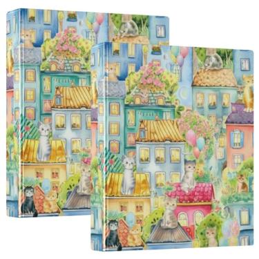 Imagem de Cute Cats Fichários de casas peculiares de 3 cm com 3 anéis para guardar 200 folhas, caderno, anel redondo, fichário resistente, 31,5 x 27 x 6 cm, pacote com 2
