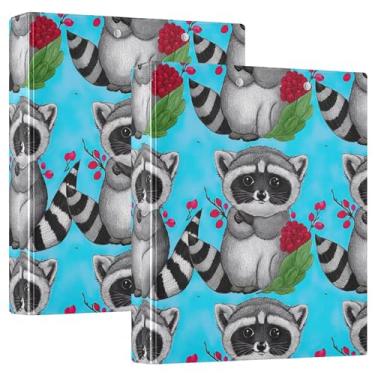 Imagem de Fichários personalizados com 3 anéis de guaxinins fofos, bagas vermelhas, azul, 3 polegadas, comporta 200 folhas, pastas, caderno, fichário redondo, 31,5 x 27 x 6 cm, pacote com 2