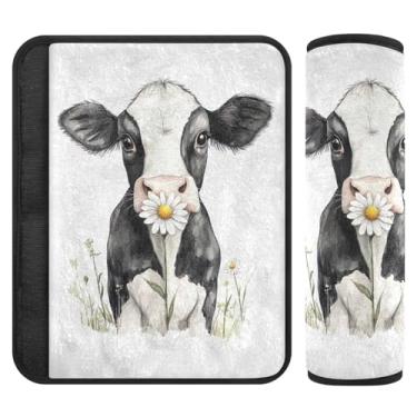 Imagem de Joitme Capa de cinto de segurança de flanela macia Cow Wildflowers para crianças - Almofadas acolchoadas para carros, bolsas de câmera e mochilas