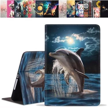 Imagem de stmedazm Capa para Samsung Galaxy Tab A 10,1 polegadas modelo 2019 (SM-T510/T515/T517), capa dobrável de couro sintético premium com hibernar/despertar automático - Golfinho sob a lua