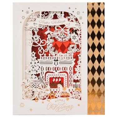 Imagem de FIAMR Cartões de felicitações pop-up 3D, design de página vazada de camada dupla, com folha dourada e envelope - Arte de papel retrô para Natal, aniversário, decoração de férias (B - lareira vermelha)