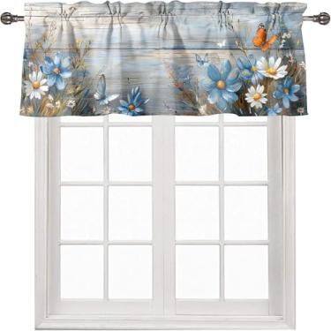 Imagem de Dabuniu Cortina floral azul sanefa para janelas rústica fazenda tábua de madeira flor borboleta haste bolso janela sanefa para sala de estar banheiro quarto cozinha 137 x 45 cm, 1 painel