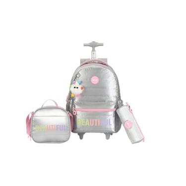 Imagem de kingdisen Wheels Mochila infantil com rodinhas para bagagem primária, mochila escolar com lancheira, conjunto de 3 peças, Linda prata, Large, Divertida e fofa