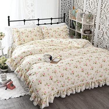 Imagem de Conjunto de capa de edredom floral com borda de renda e babados, reversível, ultramacio, 1,2 m, tamanho solteiro, 3 peças (1,5 m, tamanho Queen, 4 peças)