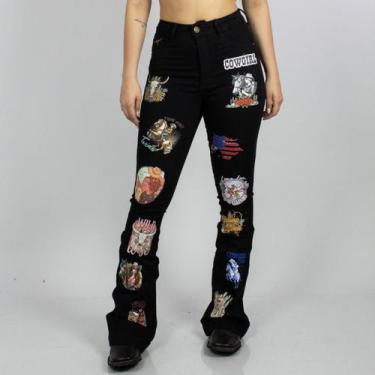 Imagem de Calça Jeans Preta Feminina Flare Western Design Estampada Moda Country