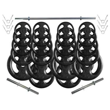 Imagem de Kit 90 Kg de Anilhas Ferro Fundido + Barras de Supino e Halteres - 2M